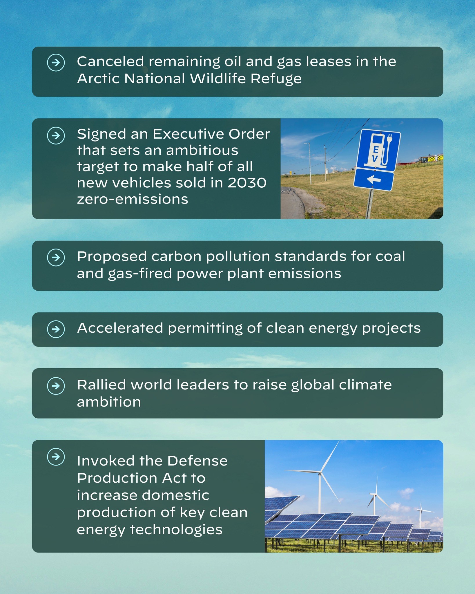 Plakat mit Text und Bildern von Solarpanelen und Windrädern vor einem bewölkten Himmel, mit der Botschaft "Abgesagte verbleibende Öl- und Gasförderlizenzen im Arctic National Wildlife Refuge."
