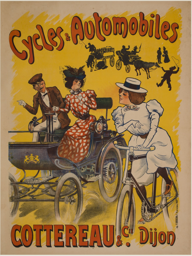 Ein Vintage-Plakat, das Fahrräder und Automobile in Cottereau und Dijon, Frankreich, bewirbt, mit Menschen, die Fahrräder fahren und eine horse-drawn carriage mit der Aufschrift "Fahrräder und Automobile" oben.