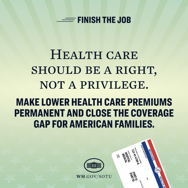 Plakat mit dem Text "Beenden Sie den Job: Gesundheit sollte ein Recht und nicht ein Privileg sein" und einer Karte mit der Aufschrift "Machen Sie niedrigere Gesundheitskosten permanent und schließen Sie die Versorgungslücke für amerikanische Familien."