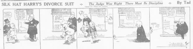 Cartoon-Illustration eines Mannes in einem schwarzen Anzug mit weißem Hemd und schwarzer Krawatte sowie einer Frau in einem eleganten Kleid mit schwarzer Stola, beide mit ernsten Gesichtern, beschriftet mit "Scheidungsklage".