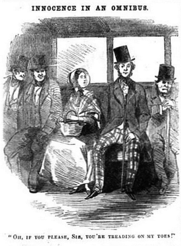 Eine Gruppe von Menschen in einem Zug, mit einer Frau in einem langen Kleid und Hut, die einen Korb hält, umgeben von beunruhigten Passagieren, die zu ihr aufblicken; Text oben und unten lautet "Unschuld in einem Omnibus."