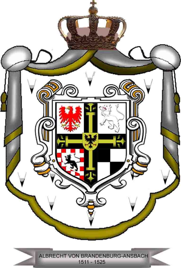 Wappen von Brandenburg-Ansbach mit einem gekrönten Schild mit einem links laufenden Löwen, einem Rechtsschrägstreifen und dem Wort "Brandenburg" in fetter schwarzer Schrift darunter.
