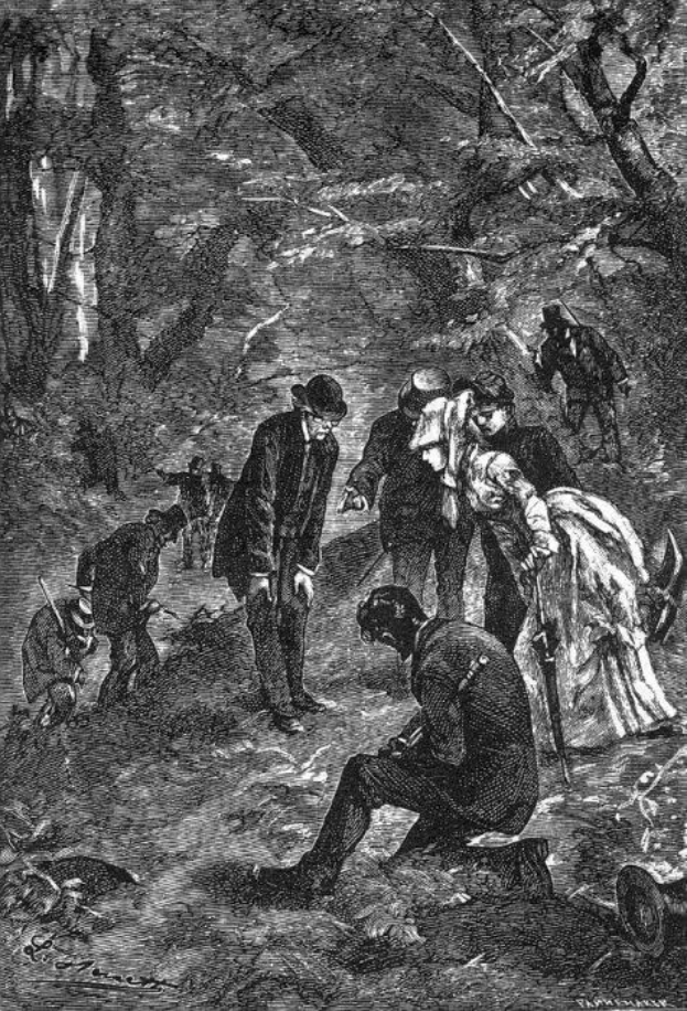 Schwarz-weiß-Illustration einer Gruppe von Menschen in einem bewaldeten Gebiet mit Bäumen im Hintergrund, mit der Beschriftung "Victorian illustration of the murder of a woman" unten.