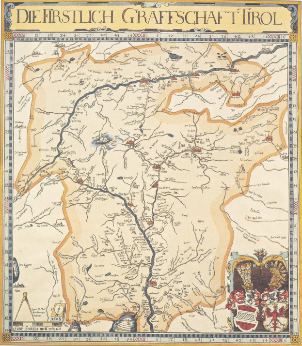 Ein detailliertes historisches Plakat der ersten Grafschaft Tirol, das eine Karte mit geografischen Merkmalen wie Flüssen, Bergen und Städten sowie erklärendem Text zeigt.