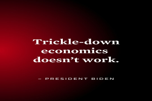 Plakat mit fetter schwarzer Schrift "Trickle-Down Economics Doesn't Work" auf weißem Hintergrund, eingerahmt von einem dünnen schwarzen Rand, mit einem Zitat des Präsidenten Biden.