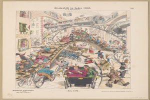 Ein altes Buch mit einer Zeichnung einer verzweifelten Menge an einem Bahnhof von 1900, umgeben von einem Photo-Rahmen, mit dem Text 'Straßenbild im Jahre 1900' auf dem Papier.