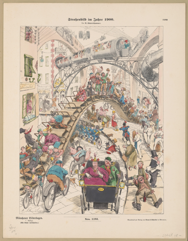 Ein altes Buch mit einer Zeichnung einer verzweifelten Menge an einem Bahnhof von 1900, umgeben von einem Photo-Rahmen, mit dem Text 'Straßenbild im Jahre 1900' auf dem Papier.