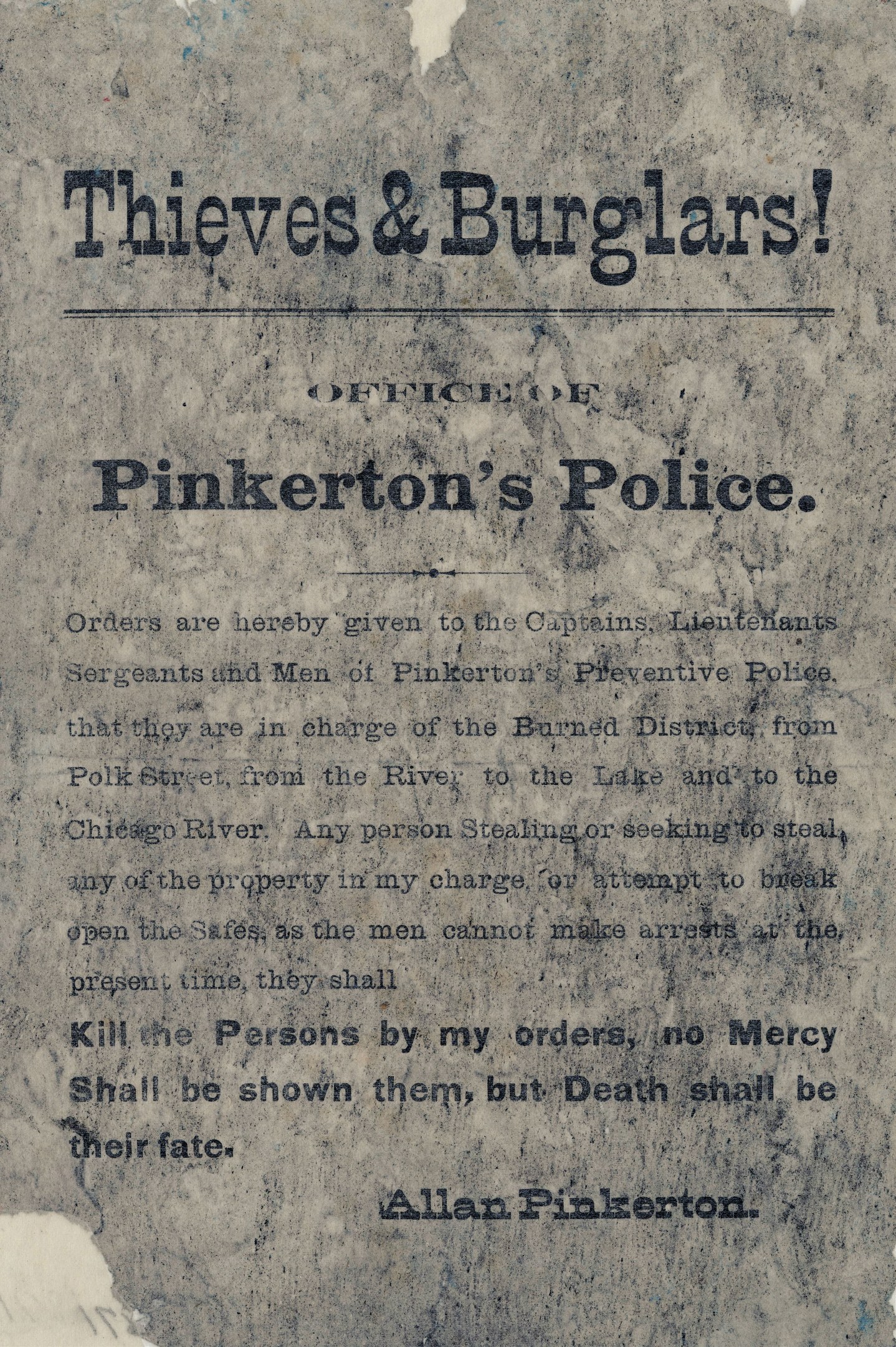 Plakat mit 'Diebe & Einbrecher Pinkerton's Polizei' in fetter schwarzer Schrift auf einem weißen Hintergrund, umrahmt von einem schmalen schwarzen Rand.