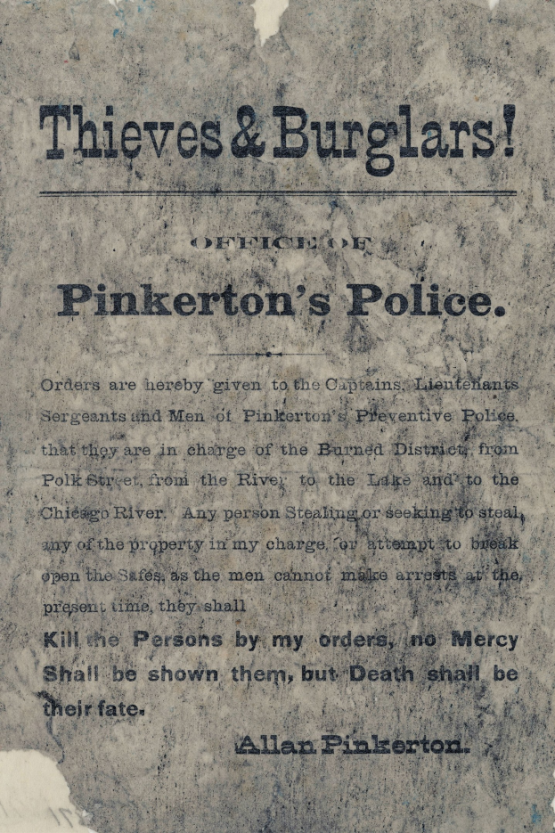 Plakat mit 'Diebe & Einbrecher Pinkerton's Polizei' in fetter schwarzer Schrift auf einem weißen Hintergrund, umrahmt von einem schmalen schwarzen Rand.
