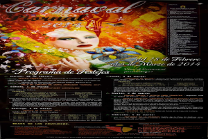 Eine Frau in einem bunten Kleid, die lacht, umgeben von der Schrift "Carnaval Festival 2014" in fetter schwarzer Schrift auf einem leuchtend gelben Hintergrund.