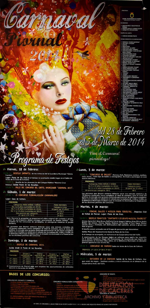 Eine Frau in einem bunten Kleid, die lacht, umgeben von der Schrift "Carnaval Festival 2014" in fetter schwarzer Schrift auf einem leuchtend gelben Hintergrund.