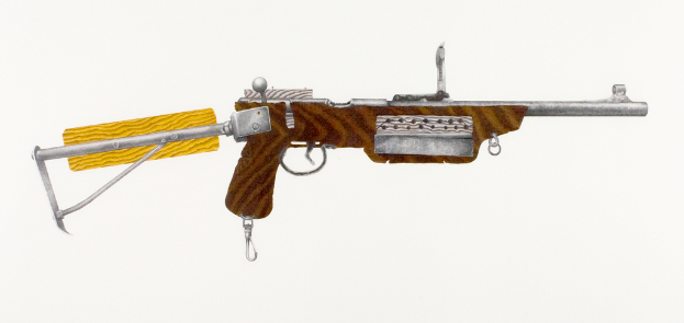Eine Waffe wird vor einem einfarbigen Hintergrund präsentiert.