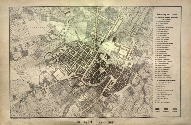 Ein detailliertes Kartenbild von Stuttgart, Deutschland, aus dem Jahr 1881 mit Text zur Übersicht des Gebiets.