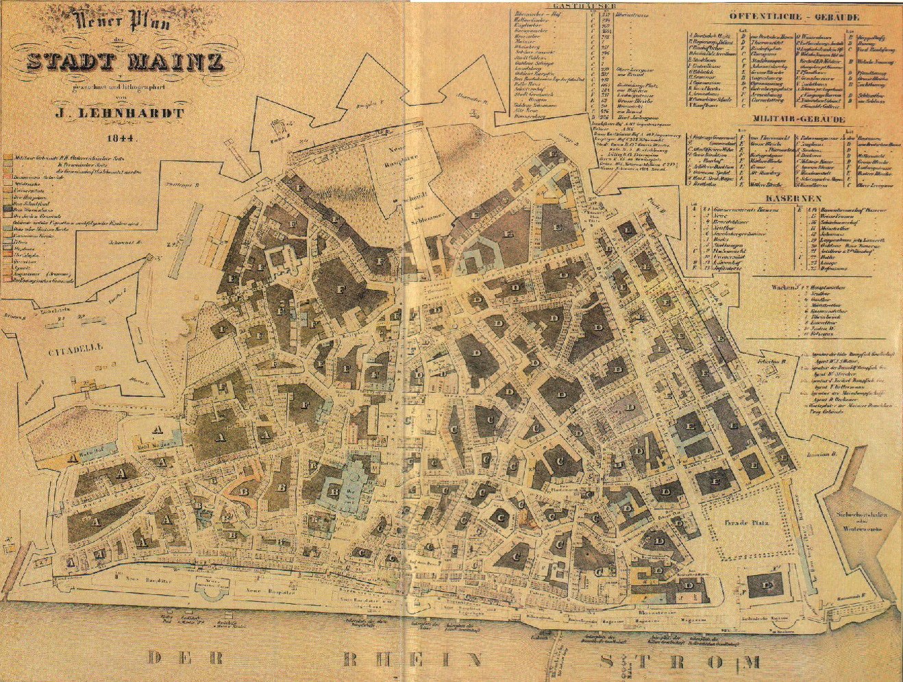 Alte detaillierte Karte von Stadt Mainz, Deutschland, zeigt Straßen, Gebäude und Sehenswürdigkeiten auf altem Papier mit Text.