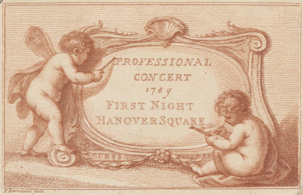 Eine Zeichnung von zwei Kindern in bunten Kleidern, die Musikinstrumente spielen, mit dem Text "Professional Concert 1789 First Night Hanover Square" darüber, vor einem tiefblauen Nachthimmel mit Sternen.