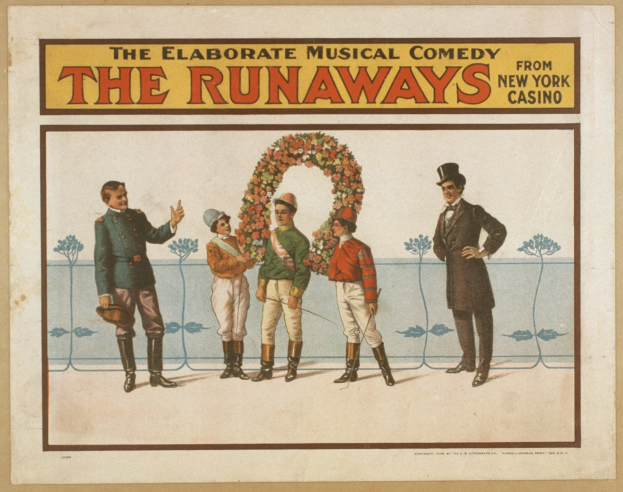 Plakat für die Musical-Comedy "Runaways" im New Yorker Casino, das eine Gruppe von Menschen in einer Reihe zeigt, wobei einer einen Blumenstrauß hält und der Text das Musical beschreibt.