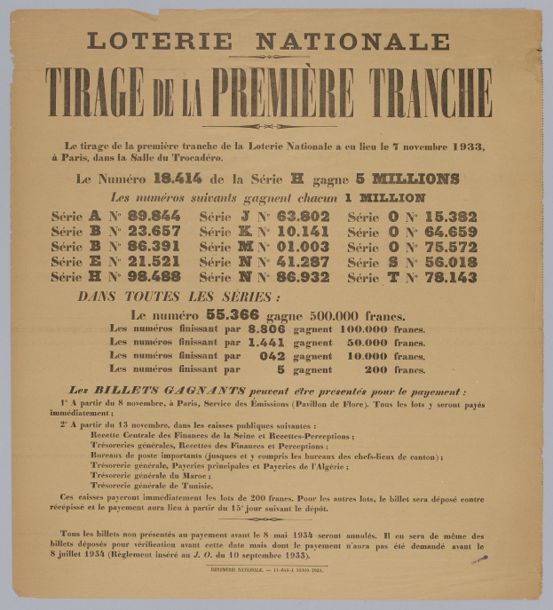 Lotterielos für die Ziehung der "Loterie Nationale Tirage de la Première Tranche"