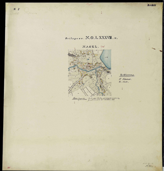 Detailiertes altes Stadtplan von Nagel, Deutschland, mit Straßen, Gebäuden, Sehenswürdigkeiten und Text mit zusätzlicher Stadtinformation.