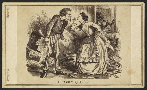 Ein Familienstreit dargestellt mit einem Mann, der ein Objekt hält und einer Frau neben ihm, mit der Aufschrift "ein Familienstreit" unten.