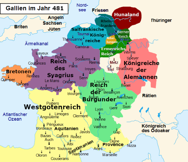 Eine Deutschlandkarte mit in verschiedenen Farben hervorgehobenen Bundesländern, die Namen von Städten, Gemeinden und geografischen Merkmalen anzeigt.