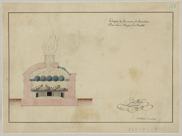 Eine Zeichnung eines rauchenden Gebäudes, möglicherweise ein Luftschutzbunker, auf einem Blatt Papier mit handgeschriebenem Text.