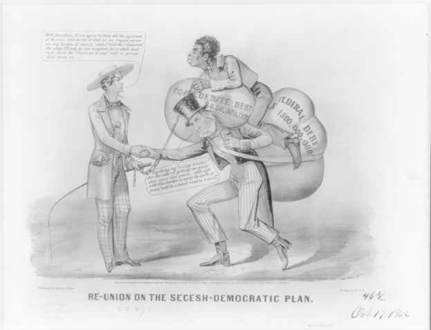 Ein Schwarz-Weiß-Karikatur auf einem Blatt Papier, das zwei Männer beim Handschlag zeigt, einer mit einem Sack auf dem Rücken, mit der Inschrift "Wiedervereinigung auf dem secesh-demokratischen Plan".