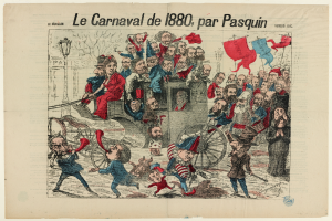Ein Cartoon, der einen Karneval von 1880 zeigt, mit einer Gruppe von Menschen in einer horse-drawn carriage, die Fahnen halten und eine Laterne im Hintergrund.