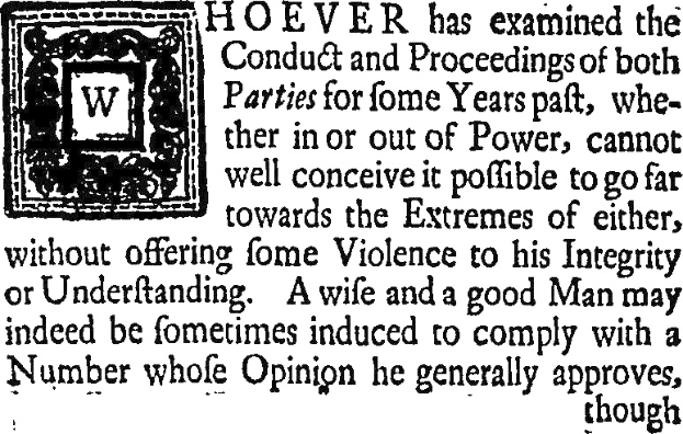 Schwarzes und weißes Foto eines Mannes im Anzug und Schlips mit zentrierter Schrift und einem Logo, die Schrift lautet "Hoever, das Verhalten und die Vorgängeboth parties for fome years paft, whe-their in or out of power, cannot well conceive it pollible to go far towards the extremes of either, without offering fome violence to his integrity or understanding a wife and a good man may indeed be sometimes induced to comply with a number whole opinion he generally approves, though."