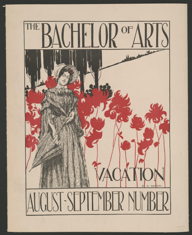 Plakat mit schwarzem Hintergrund, das eine Frau in einem weißen Kleid mit einer blauen Stola und einem weißen Hut zeigt, die in einem Feld gelber Blumen unter einem blauen Himmel steht, Text lautet "The Bachelor of Arts Vacation August-September Number" in weißer fetter Schrift mit goldenem Rand.