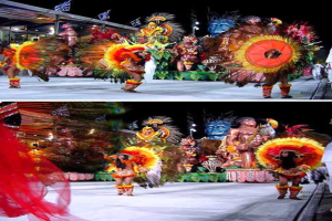 Ein Collage-Bild mit Menschen bei einer Performance, einer Statue und einem Gebäude.