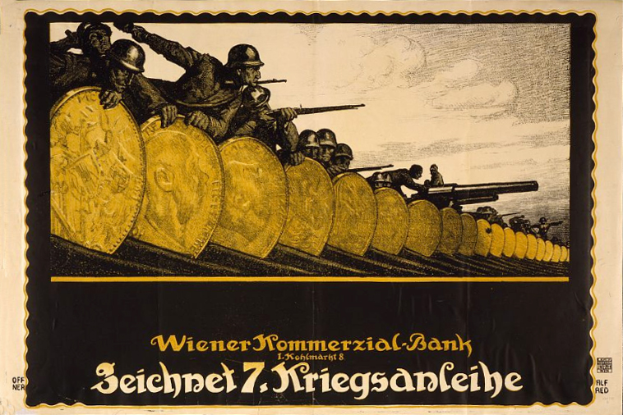Eine Gruppe von Helme tragenden Individuen mit Waffen in der Hand, mit "Wiener Kommmerzial Bank" Text unten, auf einem deutschen Weltkriegspropagandaplakat der deutschen Armee.