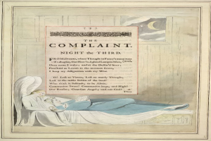 Eine Person liegt auf einem Bett, hält ein Buch in der Hand und hat ein Blatt Papier mit der Aufschrift "Die Klage, Nacht der Dritten" vor sich, das besorgt auf einem dunklen Hintergrund appears.