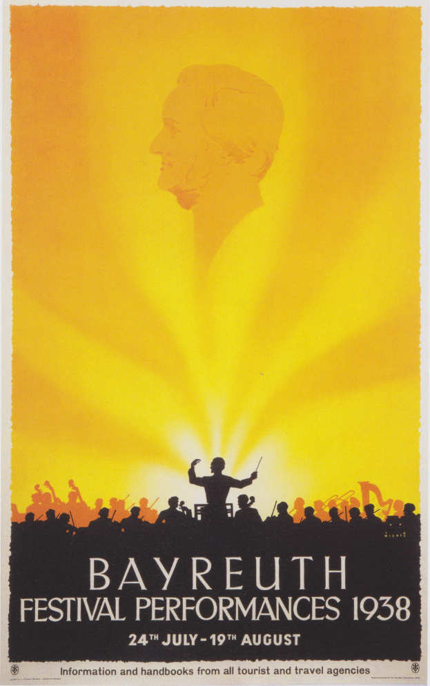Ein Plakat für die Bayreuther Festspiele 1938, das eine zentrale Figur umgeben von einer Gruppe von Menschen zeigt, mit Texten, die Festivalinformationen bereitstellen.