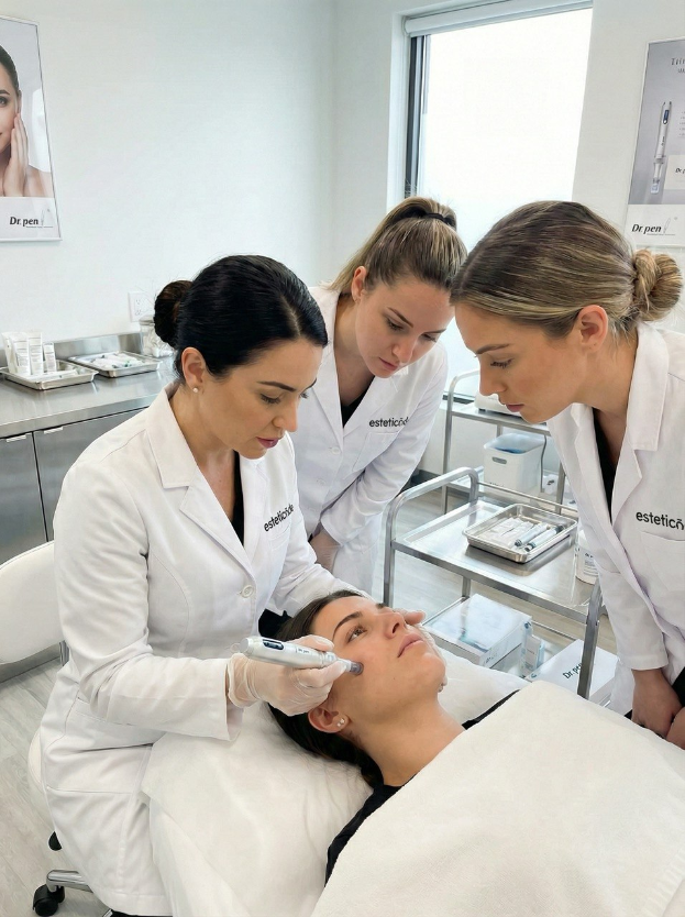 Eine zeitgemäße Kosmetikpraxis: Drei Fachkräfte in weißen Laborkitteln führen konzentriert eine professionelle Gesichtsbehandlung durch. Die Atmosphäre strahlt Präzision und Expertise aus, während fortschrittliche Hautpflege-Technologien in einer klinisch reinen Umgebung zum Einsatz kommen.
