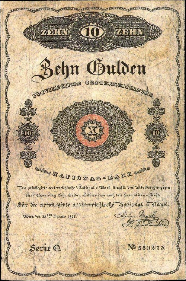 Eine alte deutsche Banknote mit schwarzem Hintergrund, die das Gesicht eines Mannes, den Text "Nationalbank Deutschlands" und ein Logo unten zeigt.