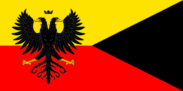 Die deutsche Flagge mit einem schwarzen Doppeladler in der Mitte des horizontalen Dreifarbenstreifens Rot, Gelb und Weiß.