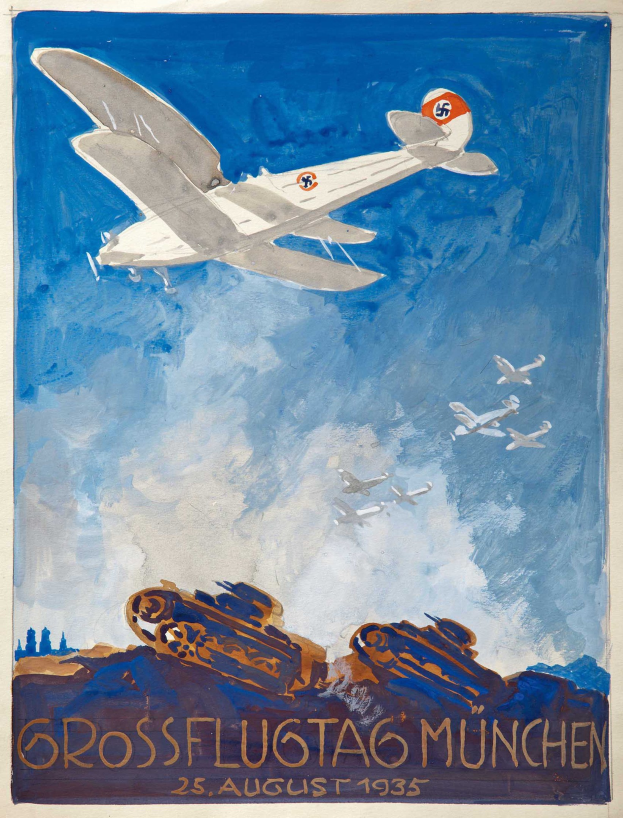 Plakat für den "Großflugtag München" Luftfahrt-Event am 25. August 1935, das ein Flugzeug im Flug mit zusätzlichen Flugzeugen im Hintergrund zeigt.
