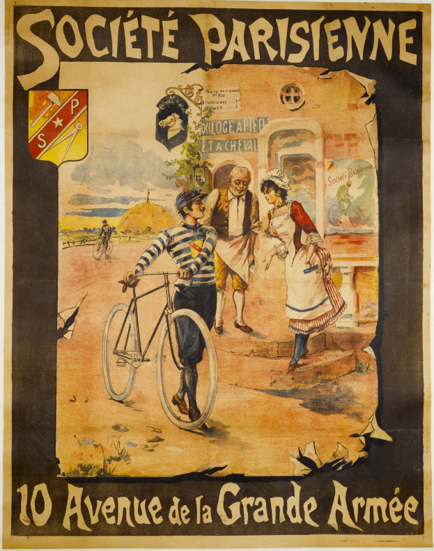 Plakat, das ein Fahrradrennen in Paris, Frankreich, ankündigt, mit einer Gruppe von Menschen, von denen einer ein Fahrrad hält, einem Gebäude im Hintergrund und Text, der das Ereignis beschreibt.
