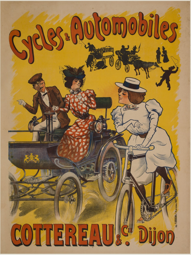 Plakat für Fahrräder und Automobile in Cottereau und Dijon, Frankreich, mit Menschen auf Fahrrädern und einer Kutsche mit dem Text "Fahrräder und Automobile" oben drauf.