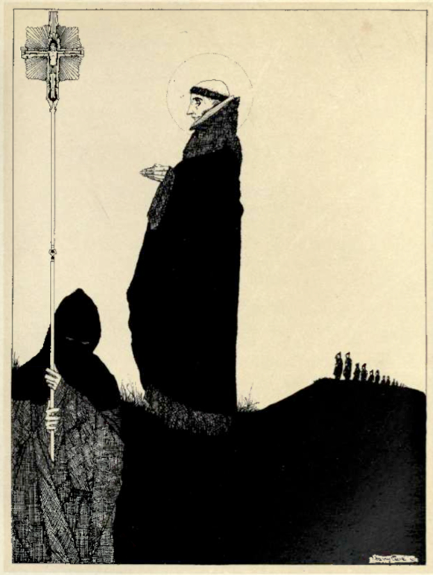 Eine Illustration mit Bildern von Menschen und einem Kreuzsymbol auf einem Stab.