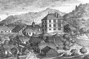 Eine Schwarz-Weiß-Zeichnung einer kleinen Stadt in Bayern im 19. Jahrhundert, die eine zentrale Kirche, umgebende Häuser, Bäume und einen Himmel im Hintergrund zeigt, mit Text am unteren Rand, der 'Bayern im 19. Jahrhundert' lautet.