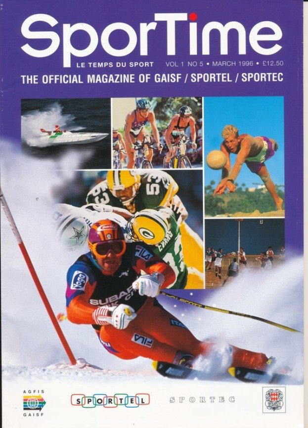 Titelbild von *Sporttime Magazine* (März 1996) mit Abbildungen und Logos zum Skifahren und Snowboarden