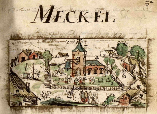 Ein altes Buch mit einer Zeichnung einer mittelalterlichen Stadt mit Häusern, Bäumen und Menschen, begleitet von begleitendem Text mit weiteren Details.