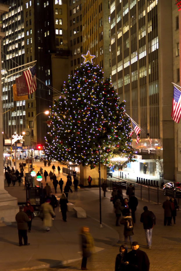 Ein Weihnachtsbaum steht in der Mitte einer Straße mit Menschen drum herum, flankiert von zwei Fahnenmasten auf beiden Seiten, mit beleuchteten Gebäuden im Hintergrund.