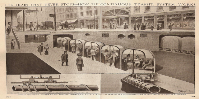 Ein Blatt Papier mit Bildern von Menschen, Zügen und anderen Gegenständen sowie dem Text "Der Zug, der nie aufhört - wie das kontinuierliche Transportsystem funktioniert".