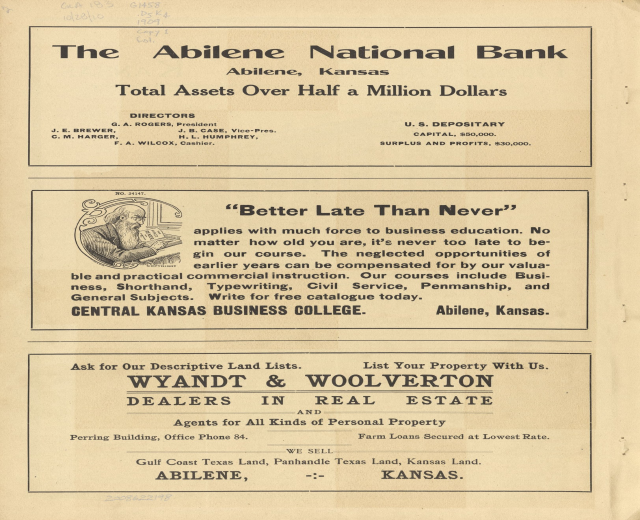 Schwarze und weiße Zeitungsanzeige für die Abilene National Bank mit einer Person in der Mitte und Text, der die Bankdienste beschreibt.