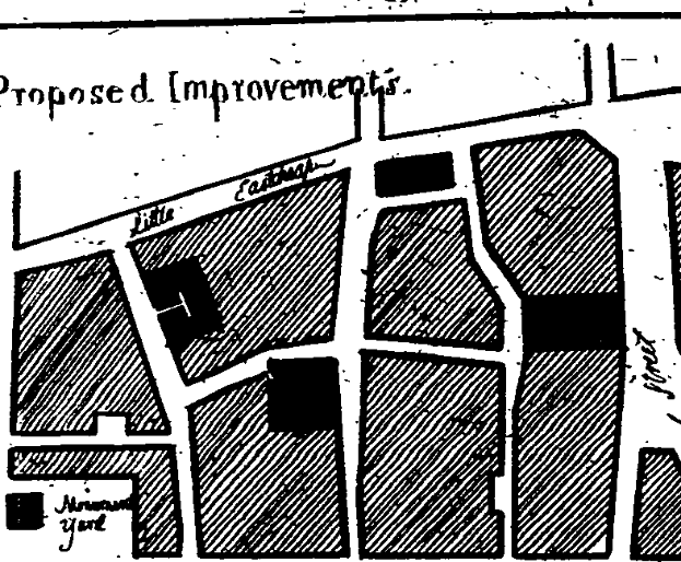Eine schwarz-weiße detaillierte Stadtkarte mit der Aufschrift "Vorgeschlagene Verbesserungen", die Straßen, Gebäude und Sehenswürdigkeiten zeigt.
