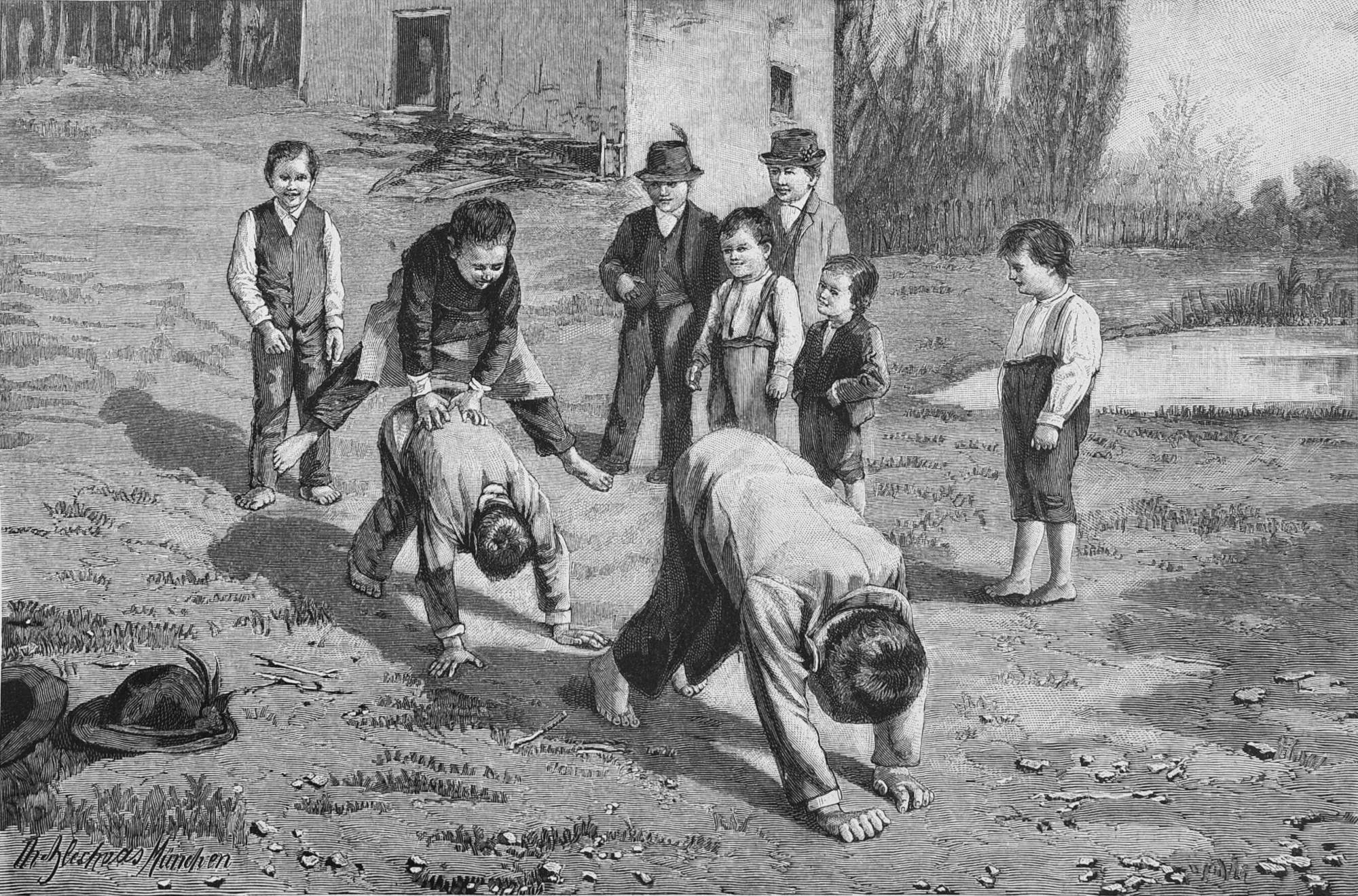 Schwarz-weißes Bild von Kindern auf einem Feld, mit zwei Jungen, die in der Mitte kämpfen, während die anderen zusehen, und einem Hut und Text auf der linken Seite.