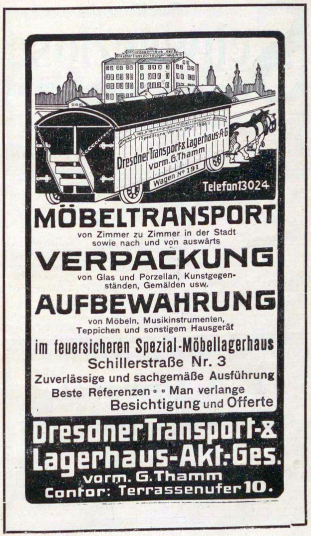 Eine Anzeige mit einem Zug, Text "Dresdner Transport & Lagerhaus-Akt-Ges" und Gebäuden im Hintergrund.