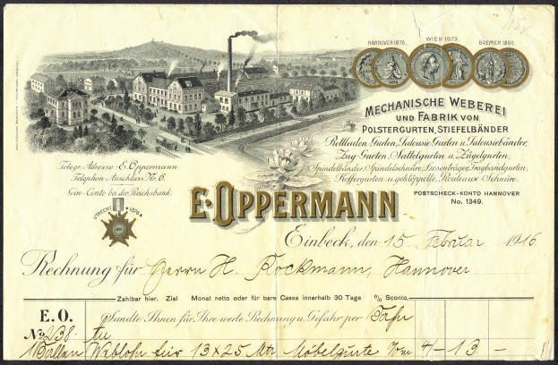 Eine alte deutsche Banknote mit einer Fabriklustration, umgeben von Text, Zahlen und Bildern von Gebäuden, Bäumen und Rauch.